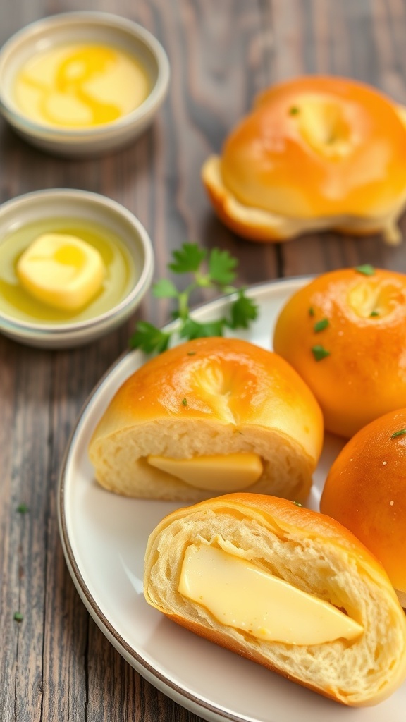 Garlic butter brushed hamburger buns on a plate, garnished with parsley, on a rustic wooden table.